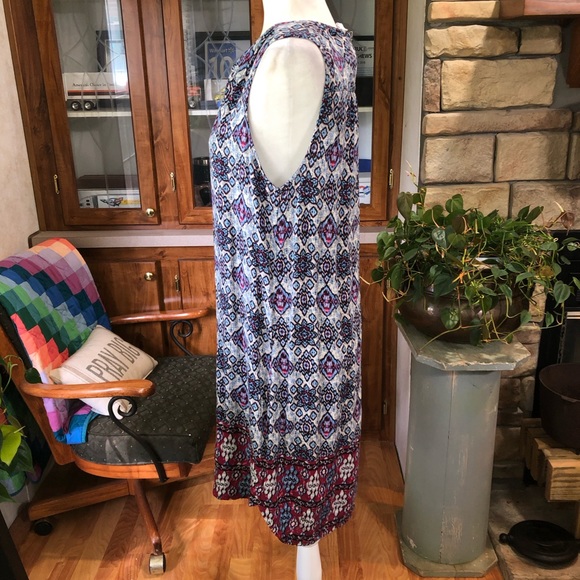 BEACH LUNCH LOUNGE SIZE MEDIUM BLUE MULTICOLORED BOHO STYLE SLEEVELESS DRESS - Picture 2 of 3